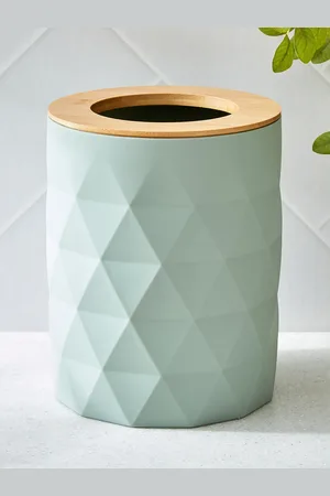 Home Centre Green Geometric Glossy Waste Bin With Bamboo Ring