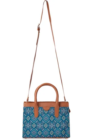 TEAL Two Handles Ethnic Motifs Printed Structured Handheld Bag