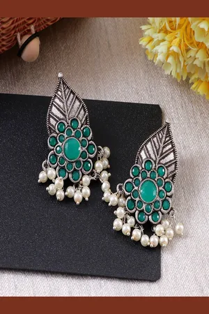 Sangria Crystals Studded & Pearls Beaded Leaf Shaped Oxidised Drop Earrings