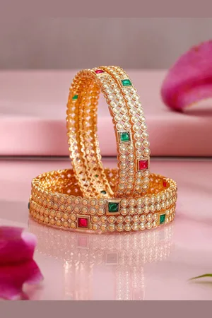 Rubans Set of 4 22K Gold-Plated Kundan Studded Bangles with Ruby & Emerald Accents