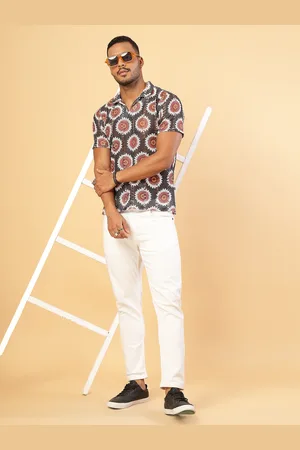 Rigo Men Floral Printed Polo Collar Cotton Slim Fit T-shirt