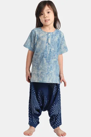 THE BABY LABEL Kids Blue Pure Cotton Dyed Kurta with Harem Pants