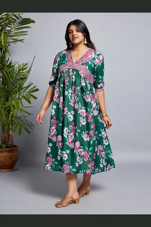 Globus Women Plus Size V-Neck Puff Sleeves Floral Print Lace Empire Midi Fusion Dress