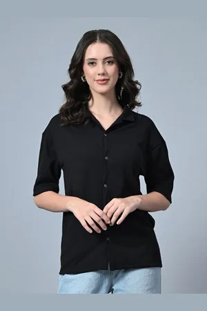 Moda Rapido Women Polo Collar Drop-Shoulder Sleeves Monochrome T-shirt