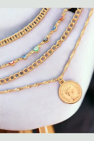 FÁBULA Gold-Plated Evil Eye Good Luck Coin Multi Layered Necklace