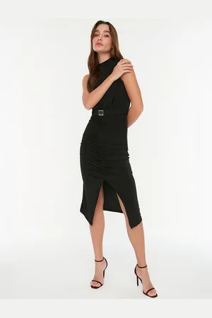 Trendyol Black Solid Front Cut Bodycon Ruched Dress with Belt