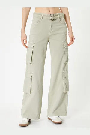 Koton Women Wide Leg High-Rise Clean Look Cotton Cargo Style Jeans