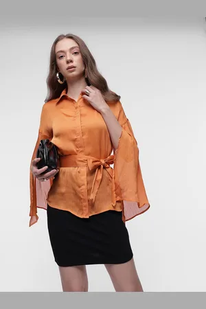 French Connection Slit Sleeves Crinkle Shirt With Waist Tie-ups