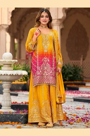 AUTUMN LANE Chaitali Amber Floral Embroidered Straight Kurti With Palazzos & Dupatta