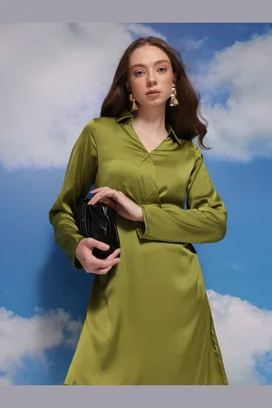 Corsica Shirt Collar Satin Wrap-Style A-Line Dress