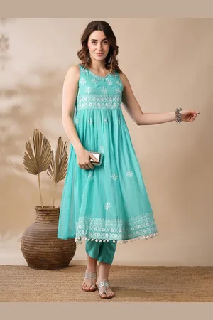 Globus Blue & White Floral Embroidered High Slit Thread Work Pure Cotton Kurta & Trousers
