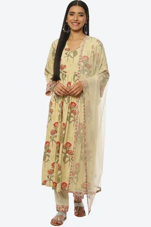 Biba Floral Printed Pleated Kurta with Trousers & With Dupatta
