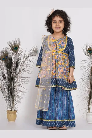 Little Bansi Girls Navy Blue Floral Printed Pure Cotton Kurta with Sharara & With Dupatta