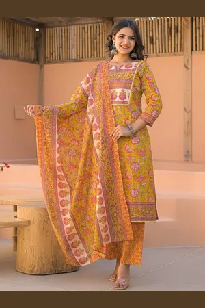 AUTUMN LANE Sahila Amber Floral Printed Pure Cotton Straight Kurta With Trouser & Dupatta