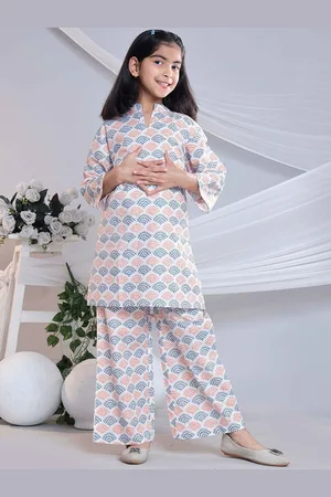 misbis Girls Geometric Printed Mandarin Collar Pure Cotton Tunic & Trouser