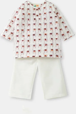 THE BABY LABEL Unisex Maroon & White Kurta Pajama Set in Hand-Block Llama Print