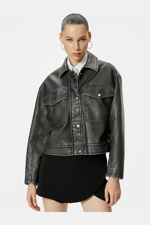Koton Women Spread Collar Solid Casual Leather Jacket