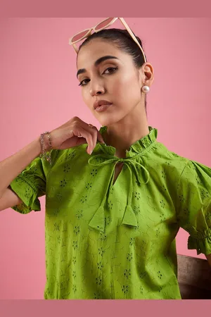 DressBerry Spring Blossom Women Solid Tie-Up Neck Cotton Shirt Style Puff Sleeves Top