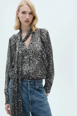 MANGO Animal Print Tie-Up Neck Shirt