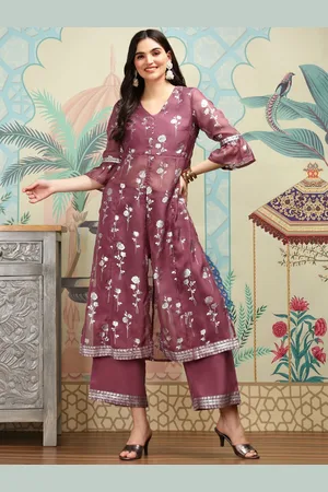 Ishin Floral Printed V-Neck Panelled Thread Work Organza A-Line Kurta with Trousers