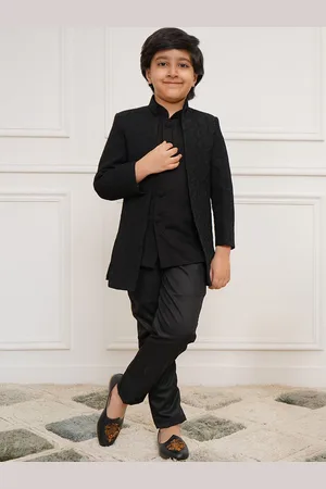 Vastramay Boys Black Embroidered Front Open Mandarin Collar Sherwani Set