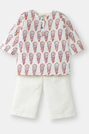THE BABY LABEL Kids Red & White Hand-Block Dreamcatcher Printed Kurta Pajama Set
