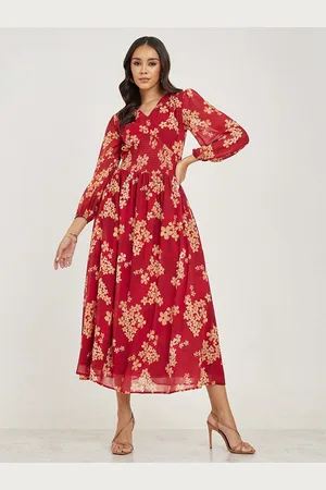 Styli Women Floral Print Smocking Detail A-Line Maxi Dress