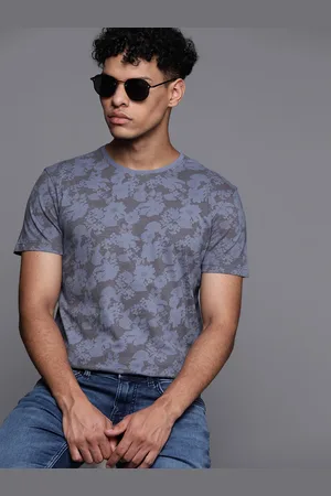 Louis Philippe Men Blue & Grey Printed Pure Cotton Slim Fit T-shirt