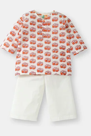THE BABY LABEL Kids Orange & White Hand-Block Camera Print Kurta Pajama Set