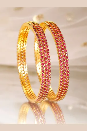 Rubans Set of 6, 22K Gold-Plated Ruby Pink Stone Studded Handcrafted Bangles