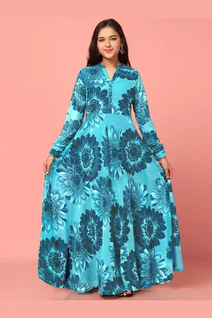 Sangria Girls Floral Printed Fit and Flare With Long Sleeves Maxi Dress
