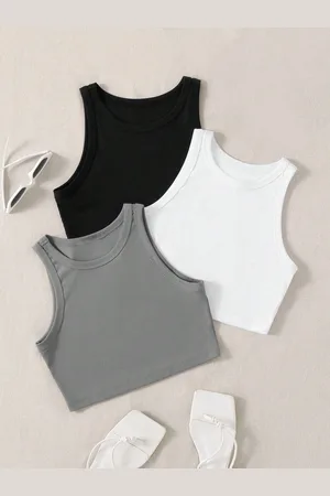 Kalini Women Pack Of 3 Lycra Round Neck Sleeveless Fitted Tank Crop Top