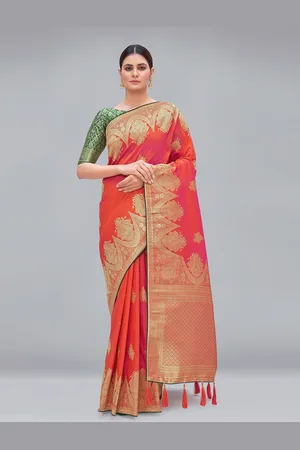 MONJOLIKA FASHION Orange & Magenta Ethnic Motifs Zari Pure Silk Banarasi Saree