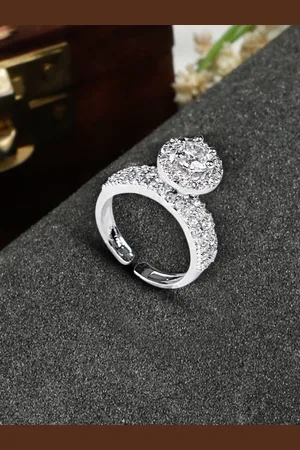 Bamboo Tree Jewels Silver-Plated AD Stone-Studded Adjustable Finger Ring