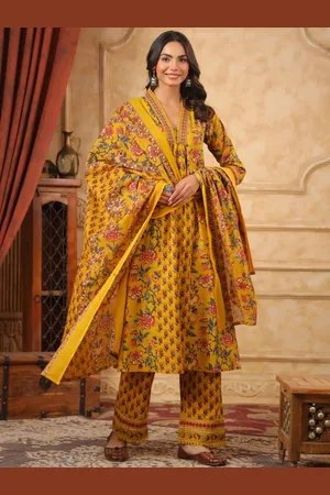 AUTUMN LANE Women Floral Printed Regular Pure Cotton Kurta with Trousers & With Dupatta