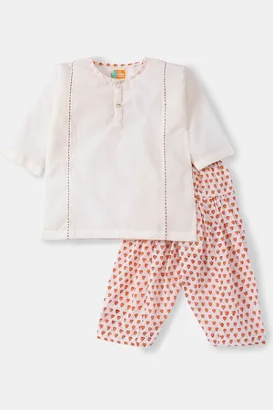 THE BABY LABEL Girls White & Orange Pure Cotton Kurta with Hand Block Print Salwar