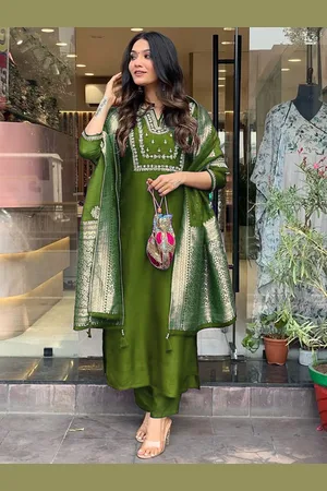 Moda Rapido Women Ethnic Motifs Embroidered Regular Sequinned Raw Silk Kurta with Trousers & With Dupatta