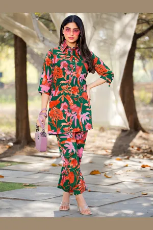 Moda Rapido Floral Printed Shirt Collar Cotton Tunic & Trouser