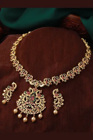 ESTELE Gold Plated CZ Beautiful Peacock Designer Necklace Set Combo with Pearls