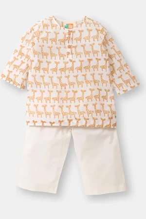 THE BABY LABEL Kids Brown & White Ethnic Motifs Printed Pure Cotton Kurta with Pyjamas