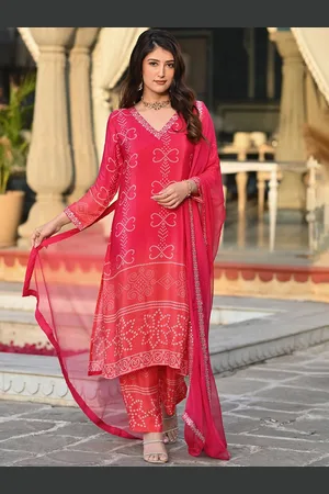 Ekta Textiles Women Bandhani Embroidered Regular Thread Work Kurti with Pyjamas & With Dupatta