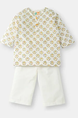 THE BABY LABEL Unisex Kids Yellow Hand-Block Football Print Pure Cotton Kurta with Pyjamas