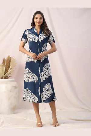 JISORA Women Blue Printed Russian Silk Dress