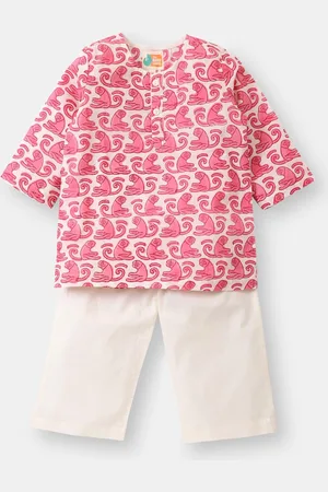 THE BABY LABEL Kids Pink Monkeys Gone Banana Hand-Block Pure Cotton Kurta Pajama Set