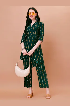 Moda Rapido Printed Lapel Collar Tunic With Trousers