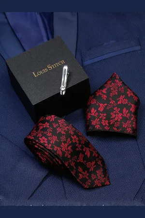 LOUIS STITCH Men Floral Self Design Italian Silk Necktie Accessory Gift Set