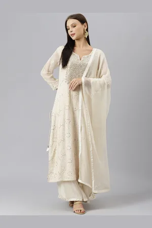 Divena World Women White Ethnic Motifs Embroidered Zardozi Silk Georgette Kurta with Sharara & With Dupatta