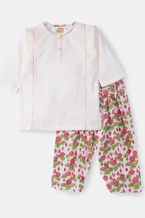 THE BABY LABEL Girls White & Pink Pure Cotton Kurta with Hand Block Print Salwar