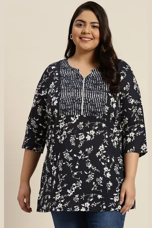 Sztori Plus Size Navy Blue & White Pure Cotton Floral Print Flared Sleeves Kurti