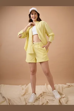 Globus Yellow Collared Neck Cuffed Sleeves Crochet Shirt Style Top With Shorts